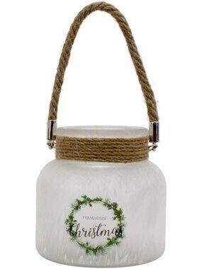 Farmhouse Christmas Decorative White Glass Jar With Rope Handle & Greenery Wreat